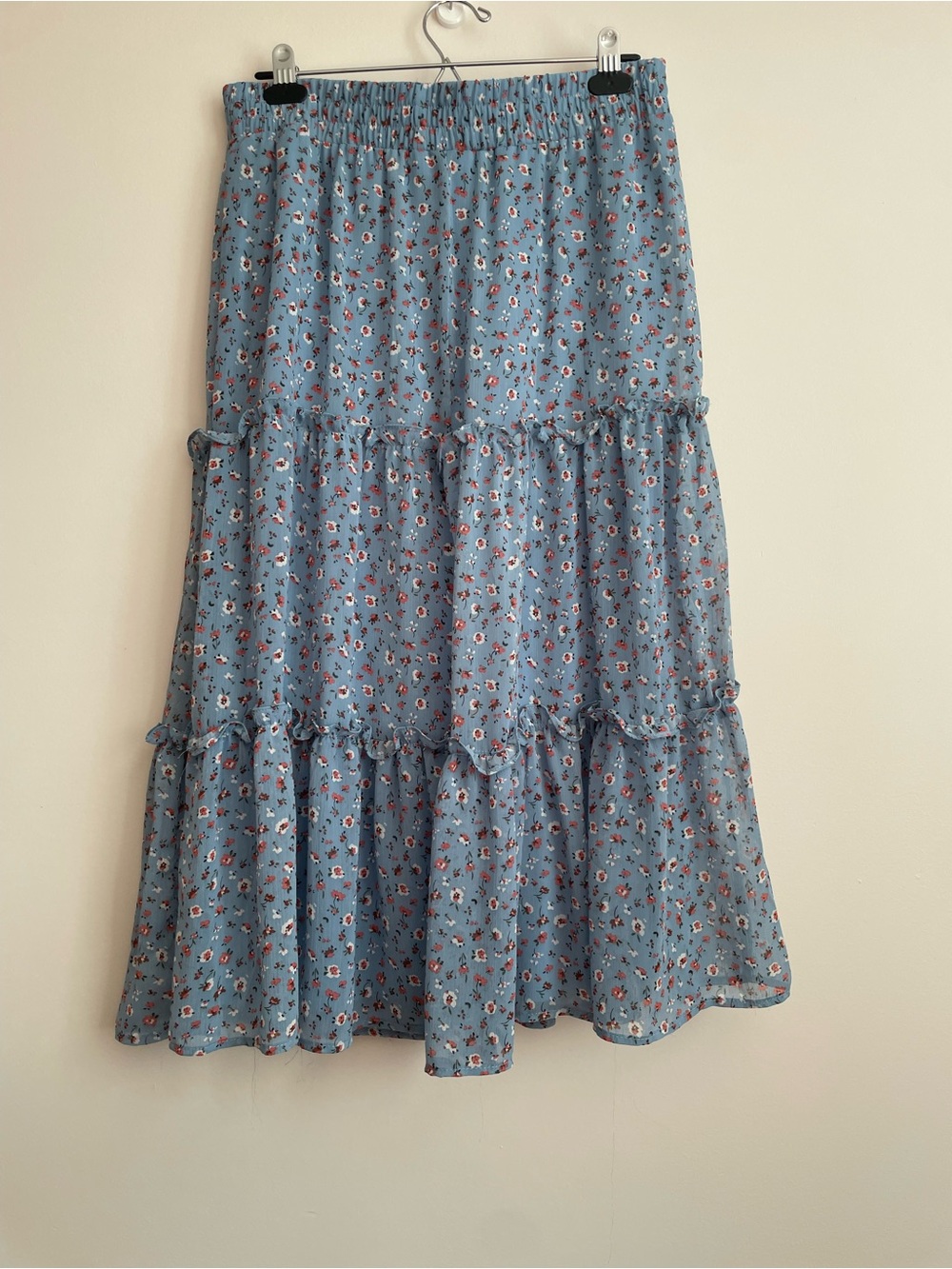 Tamara H Light Blue Floral Tiered Midi Skirt